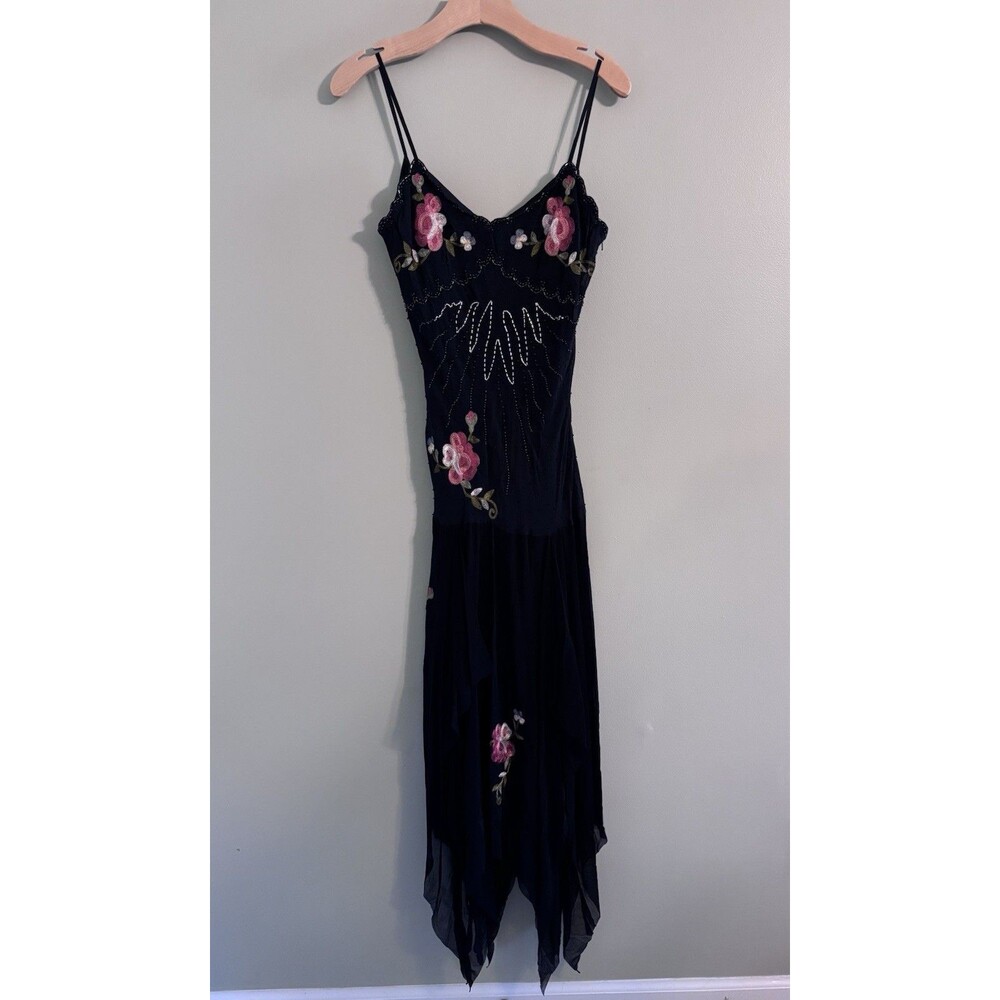 VTG Y2K Cache Silk Maxi Dress Sz 8 Beaded Embroidered Floral Whimsy Fairy Goth - Picture 2 of 16